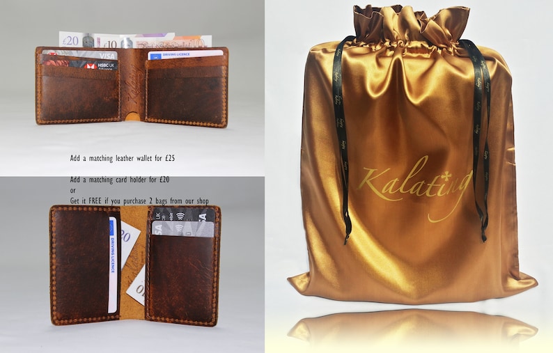 May include: A brown leather wallet with a stitched edge, open to reveal cash and cards. The wallet is displayed on a white surface. The image also shows a gold satin bag with black drawstrings and the text "Kalating" printed on the front.