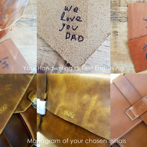 May include: A collage of images showing different ways to personalize leather goods. The first image shows a brown leather bag with the text "Happy Father's Day Dad" engraved on it. The second image shows a piece of brown leather with the handwritten text "We love you Dad". The third image shows a brown leather card with the handwritten text "Happy Anniversary". The fourth image shows a brown leather bag with the initials "KVN" embossed on it. The fifth image shows a brown leather bag with the initials "JKB" embossed on it. The sixth image shows a brown leather bag with the initials "JTF" embossed on it.