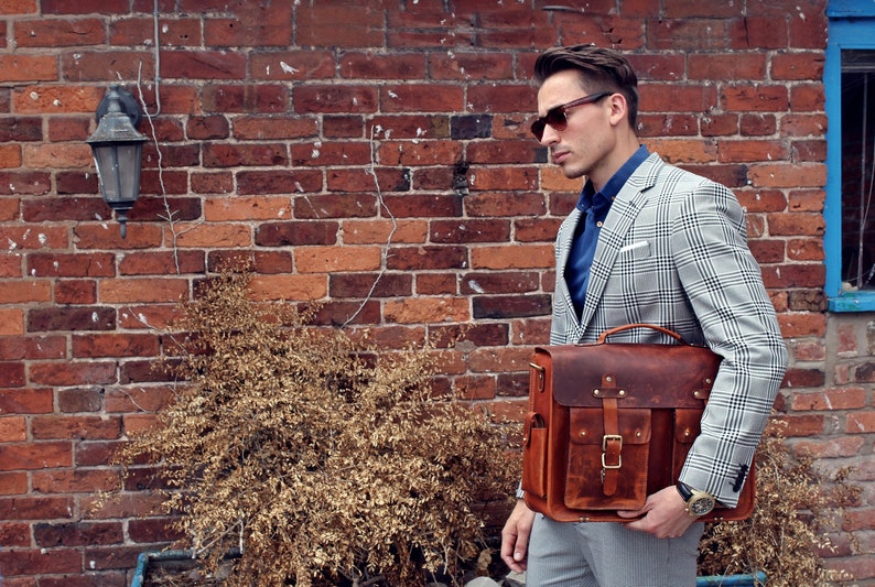 Personalised Handmade Real Top Grain Leather Mens Briefcase Laptop Bag Messenger Business Travel Vintage Bag Christmas Gift for Him Brown
