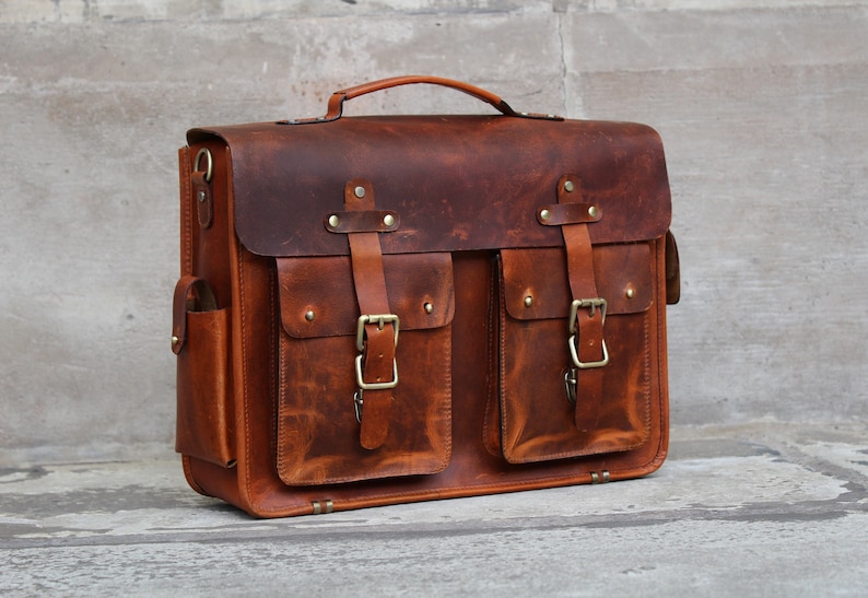 Personalised Handmade Real Top Grain Leather Mens Briefcase Laptop Bag Messenger Business Travel Vintage Bag Christmas Gift for Him Brown