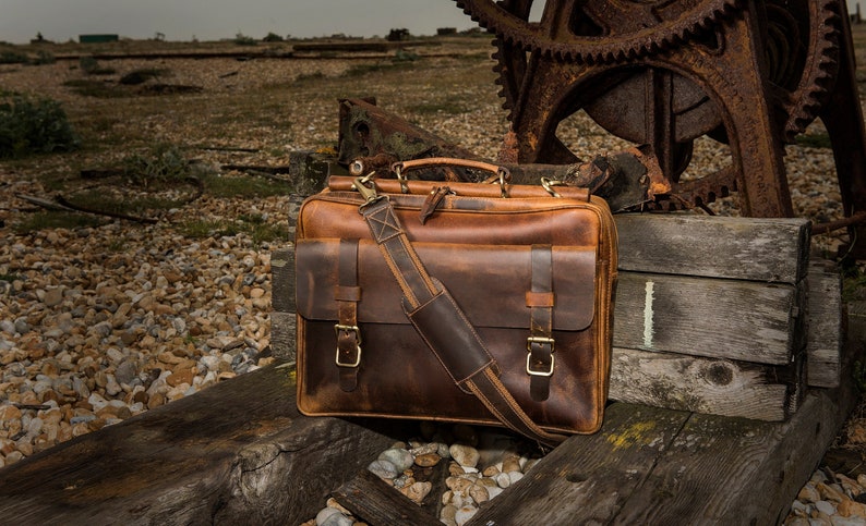 Personalised Real Leather Mens Briefcase Laptop Bag Messenger Bag Office Shoulder Bag Gifts For Him Christmas gift /Brown image 1