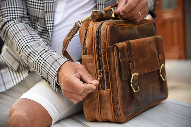 Personalised Real Leather Mens Briefcase Laptop Bag Messenger Bag Office Shoulder Bag Gifts For Him Christmas gift /Brown image 4