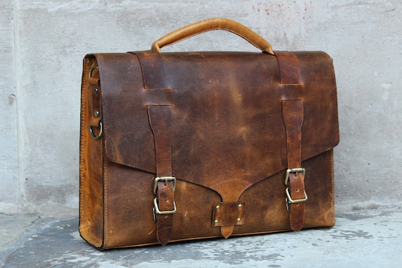 Personalised Handmade Real Top Grain Leather Mens Briefcase Laptop Bag Messenger Business Travel Vintage Bag Christmas Gift for Him Brown