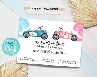 Burnouts or Bows Gender Reveal Invitation Instant Access Editable Template Digital Download - Gender Reveal Party Invite