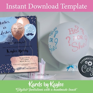 Staches or Lashes Gender Reveal Invitation Instant Access Editable Template Digital Download