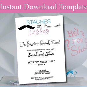 Staches or Lashes Gender Reveal Party Invitation Instant Access Editable Template Digital Download