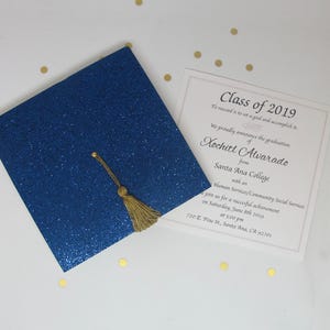 May include: A blue graduation cap with a gold tassel. The invitation reads "Class of 2019" and announces the graduation of Xochitl Alvarado from Santa Ana College. The event is on Saturday, June 8th, 2019 at 5:00 pm at 720 E. Pine St, Santa Ana, CA 92701.