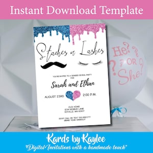 Stashes or Lashes Gender Reveal Invitations Instant Access Editable Template Digital Download