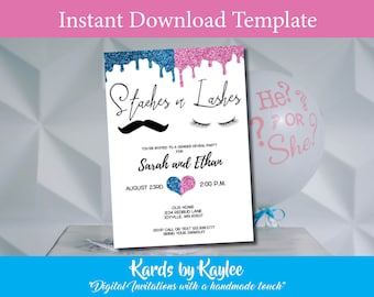 Stashes or Lashes Gender Reveal Invitations Instant Access Editable Template Digital Download