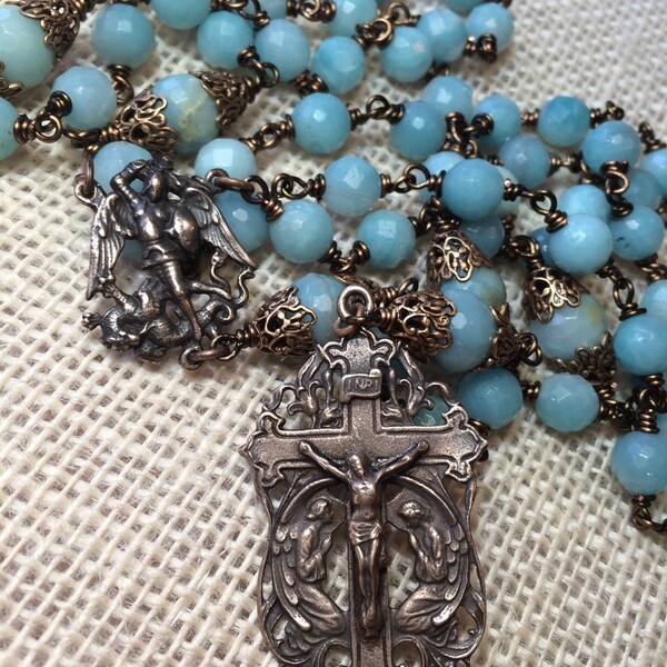 Heirloom Adoration Rosary, Wire wrapped, Bronze, Faceted Amazonite 8mm, 10mm Our Father beads with ornate caps, Catholic Jewelry, Christian
