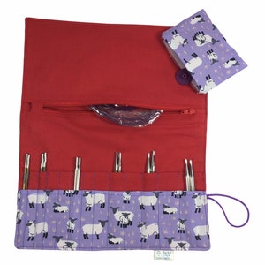 Interchangeable knitting needle case with purple sheep, addi needle case, chiagoo wallet, knit pro organiser pouch, hiya hiya case,