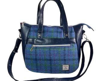 Harris tweed Crossbody Handbag, floral faux leather tote, blue shoulder bag,  zip pocket large adjustable strap organiser bag