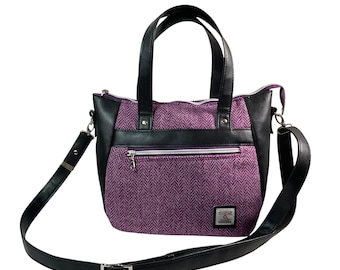 Harris tweed Crossbody Handbag, floral faux leather tote, blue shoulder bag,  zip pocket large adjustable strap organiser bag