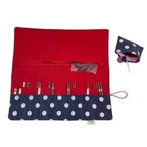 Interchangeable knitting needle case with denim spot, holds 2 sets, addi case, chiagoo wallet, knit pro organiser, sock needle pouch,