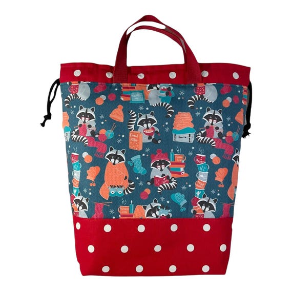 Extra Large Drawstring Knitting Bag With Raccoons Multi Pockets