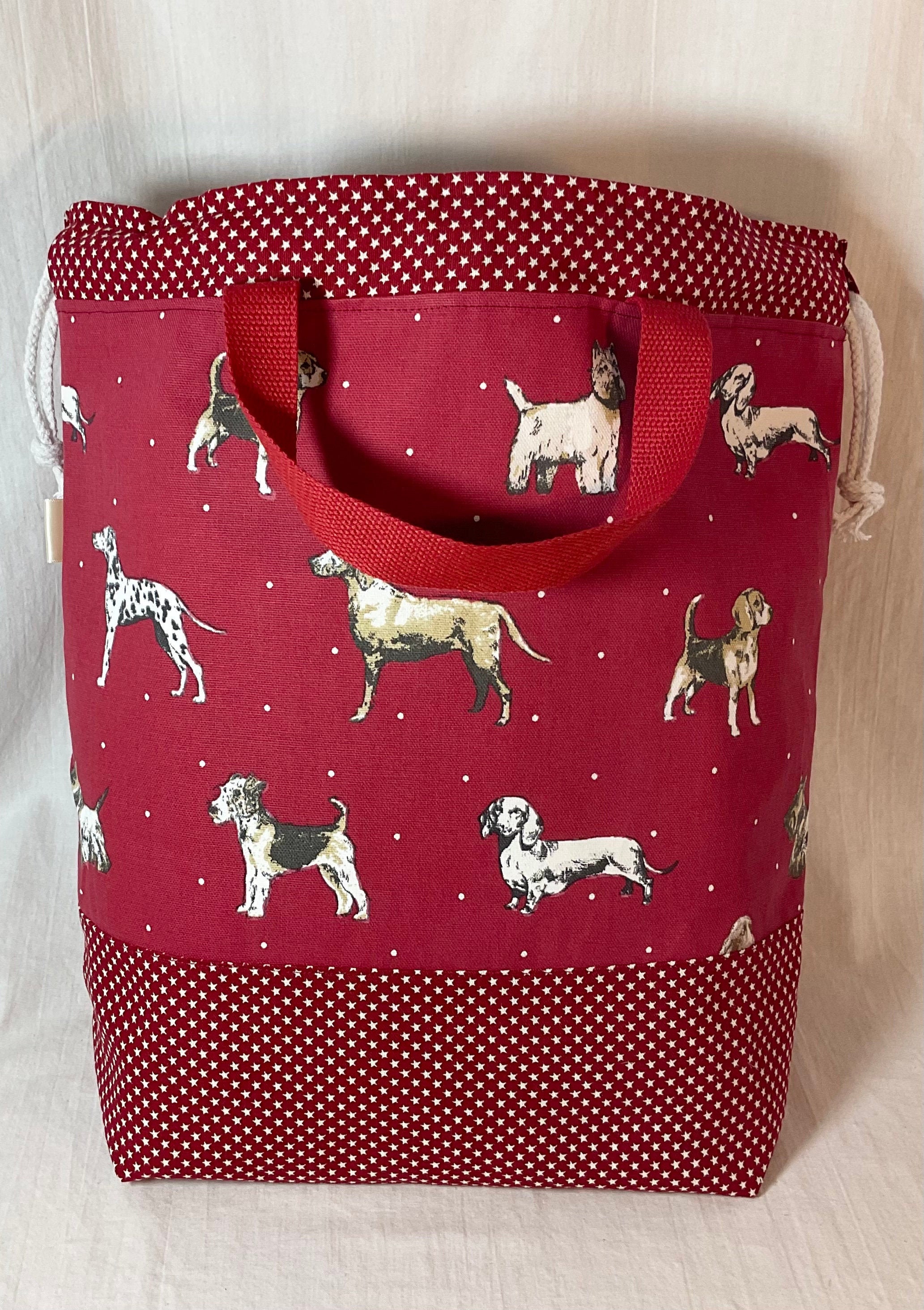 Extra Large canvas drawstring knitting bag with dog print Etsy