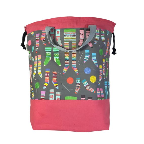 Extra Large drawstring knitting bag with Scandinavian sock print, multi  pockets project bag with handles