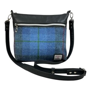 bolso de mano de auténtica piel de cordero y estampado de tartán Harris tweed, cierre mediano en la parte superior