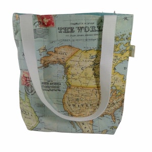 Map print Small cotton canvas tote bag, USA map book purse, lined tote, mini shopping bag, small project bag, girls shoulder purse