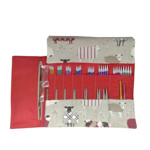 interchangeable and double pointed needle case with red sheep, knitting needle pouch, hiya hiya case, knit pro wallet