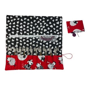 Interchangeable knitting needle case with knitting  sheep, holds 2 sets, addi case, chiagoo wallet, knit pro organiser, hiya hiya pouch