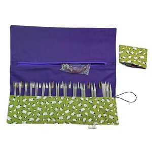 Interchangeable knitting needle case with all over sheep print, 2 sets, addi case, chiagoo wallet, knit pro organiser pouch, hiya hiya case,