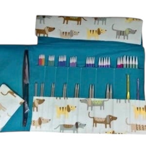 interchangeable and double pointed needle case with dogs, knitting needle pouch, hiya hiya case, knit pro wallet