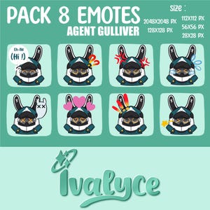 Könnte beinhalten: Ein Paket mit acht digitalen Emotes mit Agent Gulliver, einem Charakter mit hasenähnlichem Aussehen, in verschiedenen emotionalen Zuständen. Die Emotes zeigen Ausdrücke von Überraschung, Wut, Traurigkeit und Liebe. Der Text "Ivalyce" ist ebenfalls enthalten.
