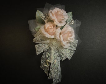 peach pastel orange satin roses and ribbon bow for weddings,proms,anniversary 7 handmade corsage etc.