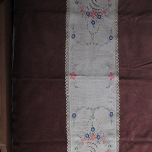1940&#39;s dresser scarf,table runner,12&quot; x 44&quot; ,hand embroidered,pink and blue flowers in basket,lace