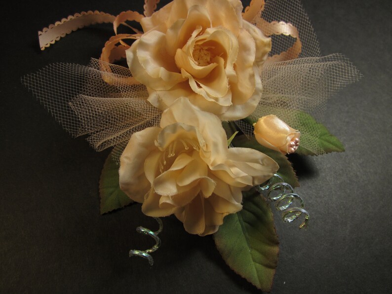peach pastel orange satin roses and ribbon bow for weddings,proms,anniversary 7 handmade corsage etc.