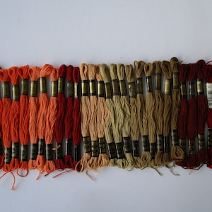 May include: A collection of 36 skeins of embroidery floss in shades of orange, red, brown, and beige. The floss is arranged in a gradient from orange to beige.