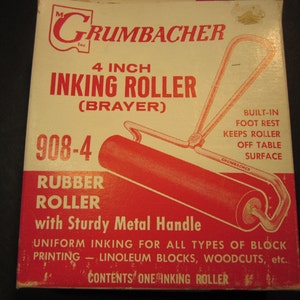 Grumbacher 4 inch rubber ink roller, sturdy metal handle, vintage stock, made in USA