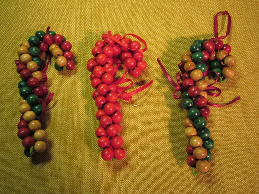 3 Red, Natural, and Green Beaded Candy Cane Ornaments, Twisted on Wire