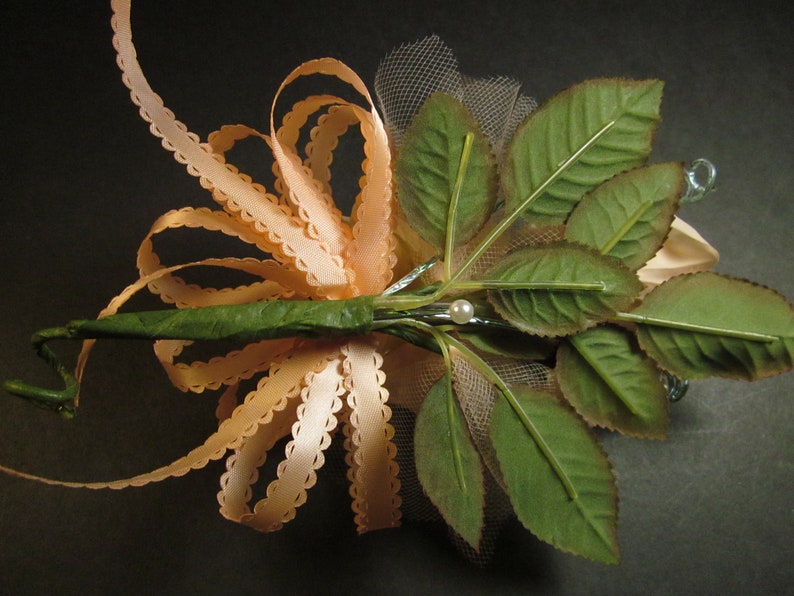 peach pastel orange satin roses and ribbon bow for weddings,proms,anniversary 7 handmade corsage etc.