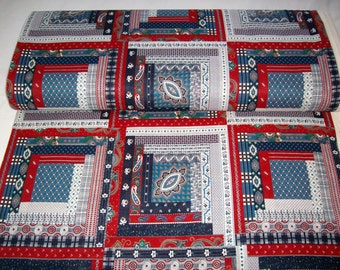 VIP A Patch In Time, vintage fabric,log cabin design,red,blue ,navy, grey,by yard,100% cotton ,great for quilts or wall hangings
