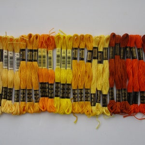 May include: A collection of 28 skeins of embroidery floss in shades of yellow, orange, and brown. The floss is arranged in a gradient from light yellow to dark brown.