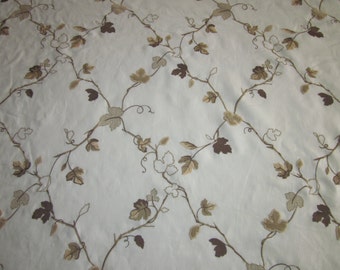 Linen drapery fabric, brown and tan embroidered leaves design, appliqued leaf, natural linen,2.75 yards,lattice,58" wide