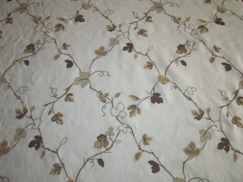 Linen Drapery Fabric Brown and Tan Embroidered Leaves Design Etsy