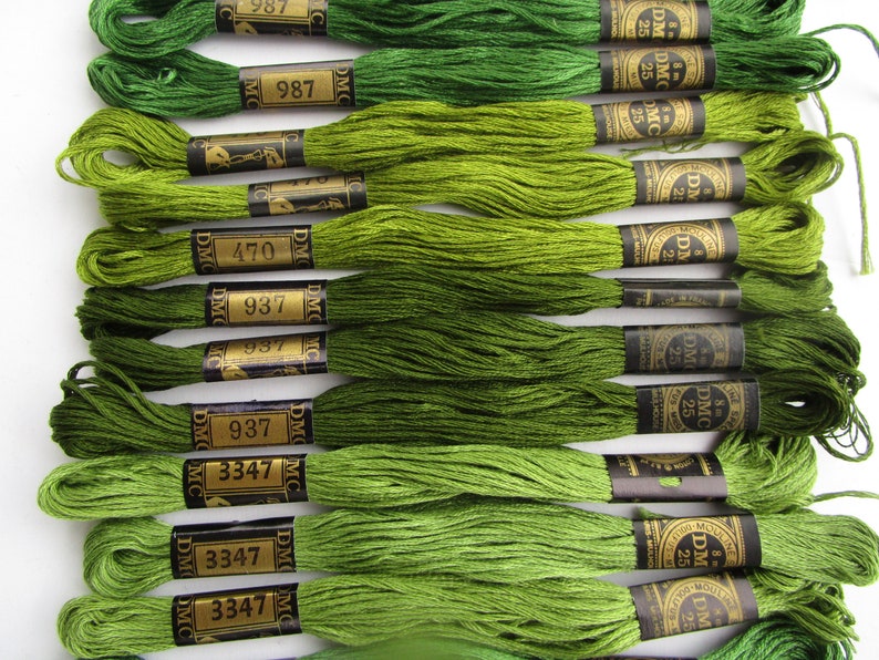 6 strand cotton 30 skeins 3 ea.,3363,895,3364,989,988,3347,937,470,987,3345 #9 10 shades foliage leaf olive green DMC cross stitch thread