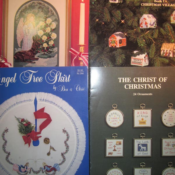 4 Christmas cross stitch pattern booklets, Victorian Angel, The Christ of Christmas, Angel tree Skirt, Houses From our Hearth, ornaments