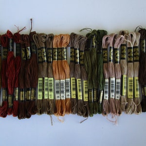 11 colors brown,tan,green,gold,rust,brick,olive,khaki, 30 skeins DMC embroidery thread, 3031,3782,3051,3011,3790,436,611,801,918,831, #41
