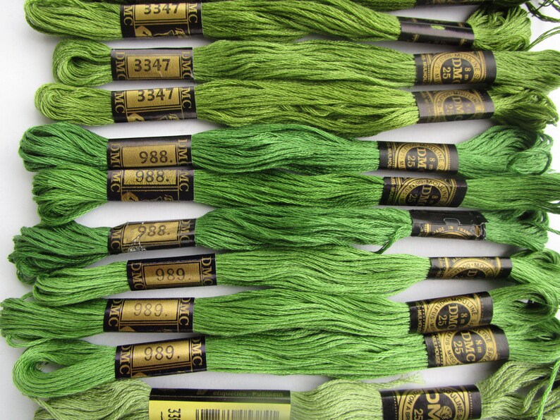 6 strand cotton 30 skeins 3 ea.,3363,895,3364,989,988,3347,937,470,987,3345 #9 10 shades foliage leaf olive green DMC cross stitch thread