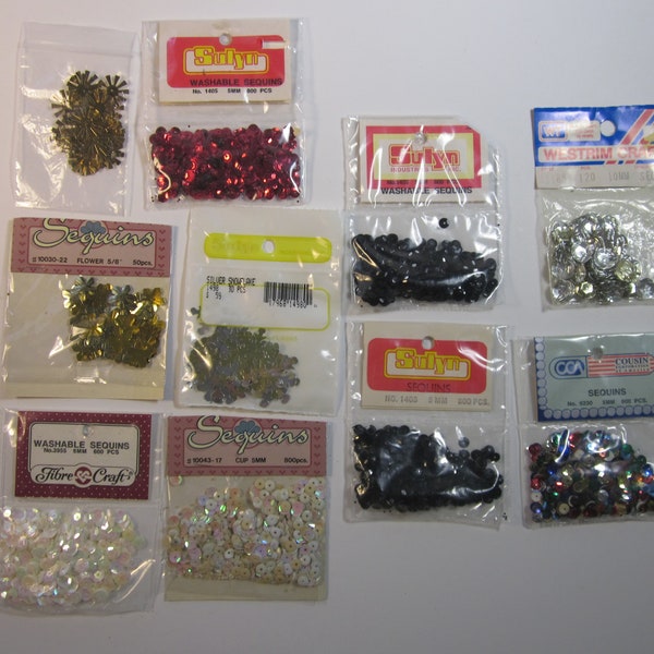 10 packs assorted sequins, for sewing, fashion, crafts, red, black, silver, gold, multicolor, vintage stock