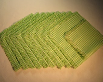 9 handmade 15" green and white gingham napkins, with 1 free 11", hand sewn and fringed, 1/8" check, new old stock