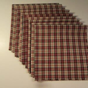 9 handmade 15&quot; fringed napkins, exquisite Homespun plaid woven fabric, deep red, green, cream, Christmas