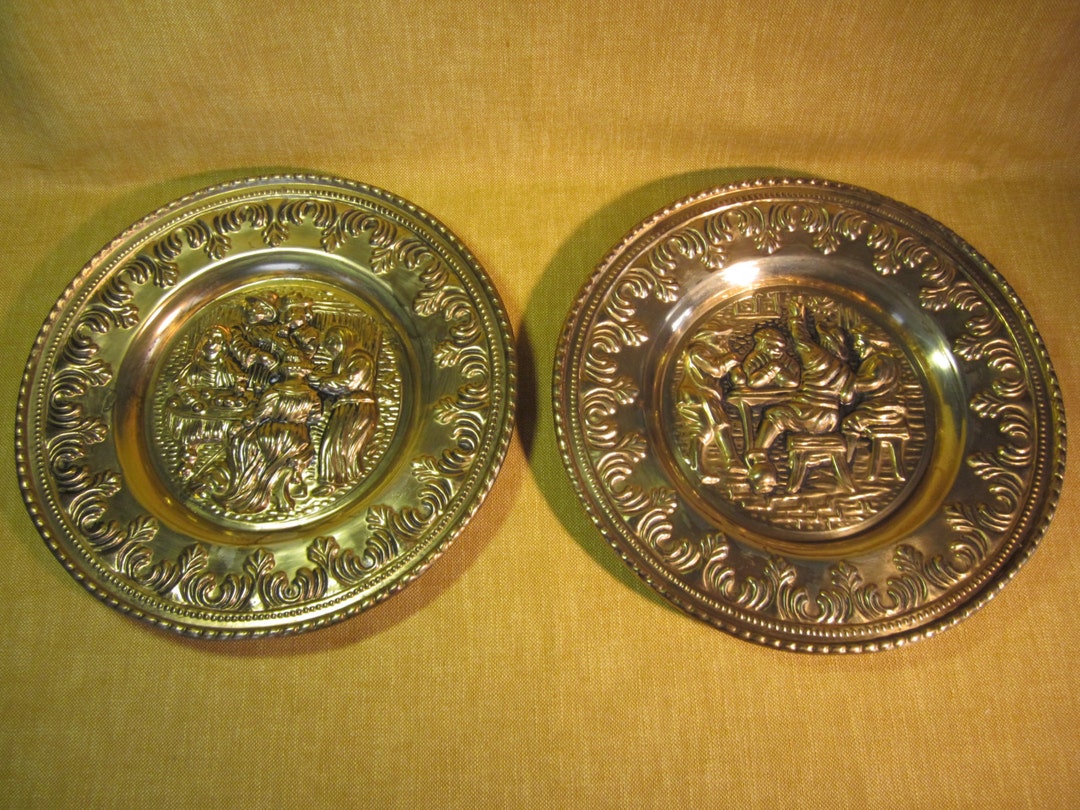 2 Stamped Brass Wall Hanging Plates 12 Bar Scenes Etsy