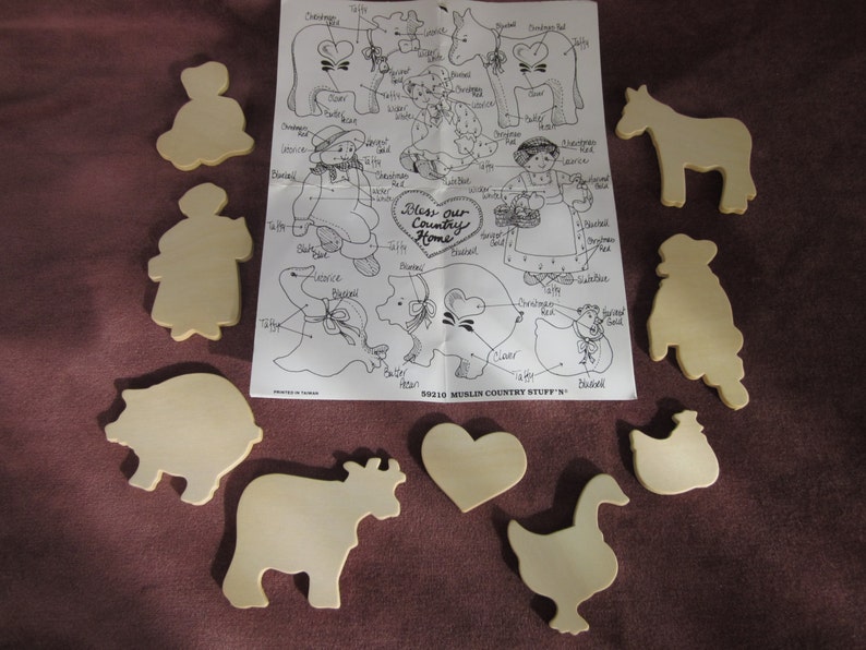 farm animals Bless Our Country Home instruction sheet folk art tole painting 9 unpainted wood cut outs