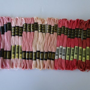 10 shades dusty red pink rose brick coral light peach, 30 skeins, DMC embroidery thread, 3830,356,3712,760,754,948,761,818,3689,3354, #52