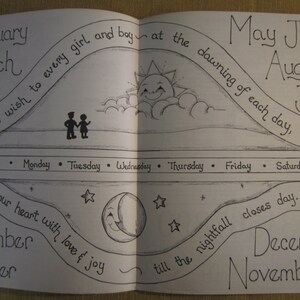 May include: Black and white illustration of a calendar with the months of the year written in a decorative font. The illustration includes a sun and moon with faces, and stars. The text reads "This wish to every girl and boy at the dawning of each day. Fill your heart with love & joy till the nightfall closes day..."